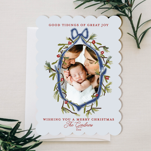 Custom Christmas Card with Photo - ‘Blue Woodland Crest’