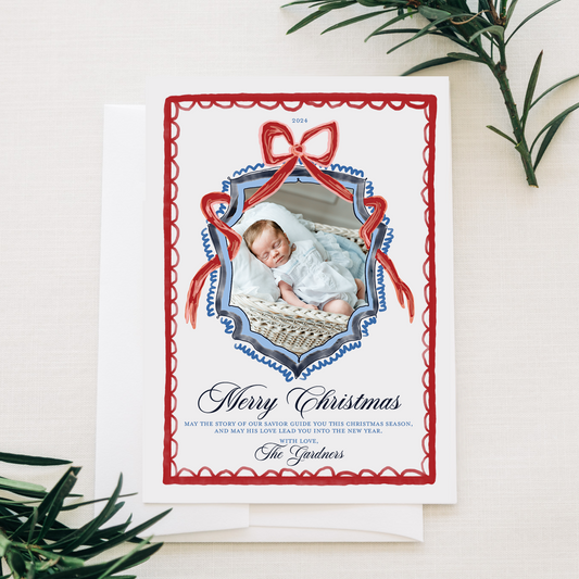 Custom Christmas Card with Photo - ‘Red and Blue Grandmillennial Crest’