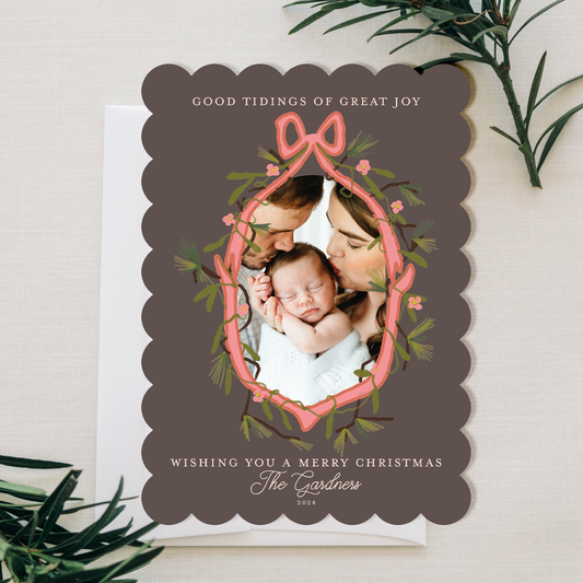 Custom Christmas Card with Photo - ‘Pink Woodland Crest’