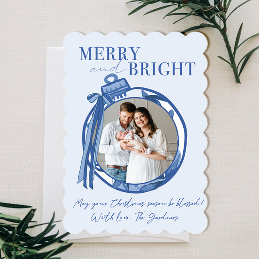 Custom Christmas Card with Photo - ‘Blue Toile Ornament’