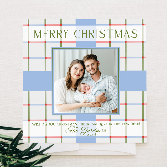 Custom Christmas Card with Photo - ‘Wrapped Plaid Present’