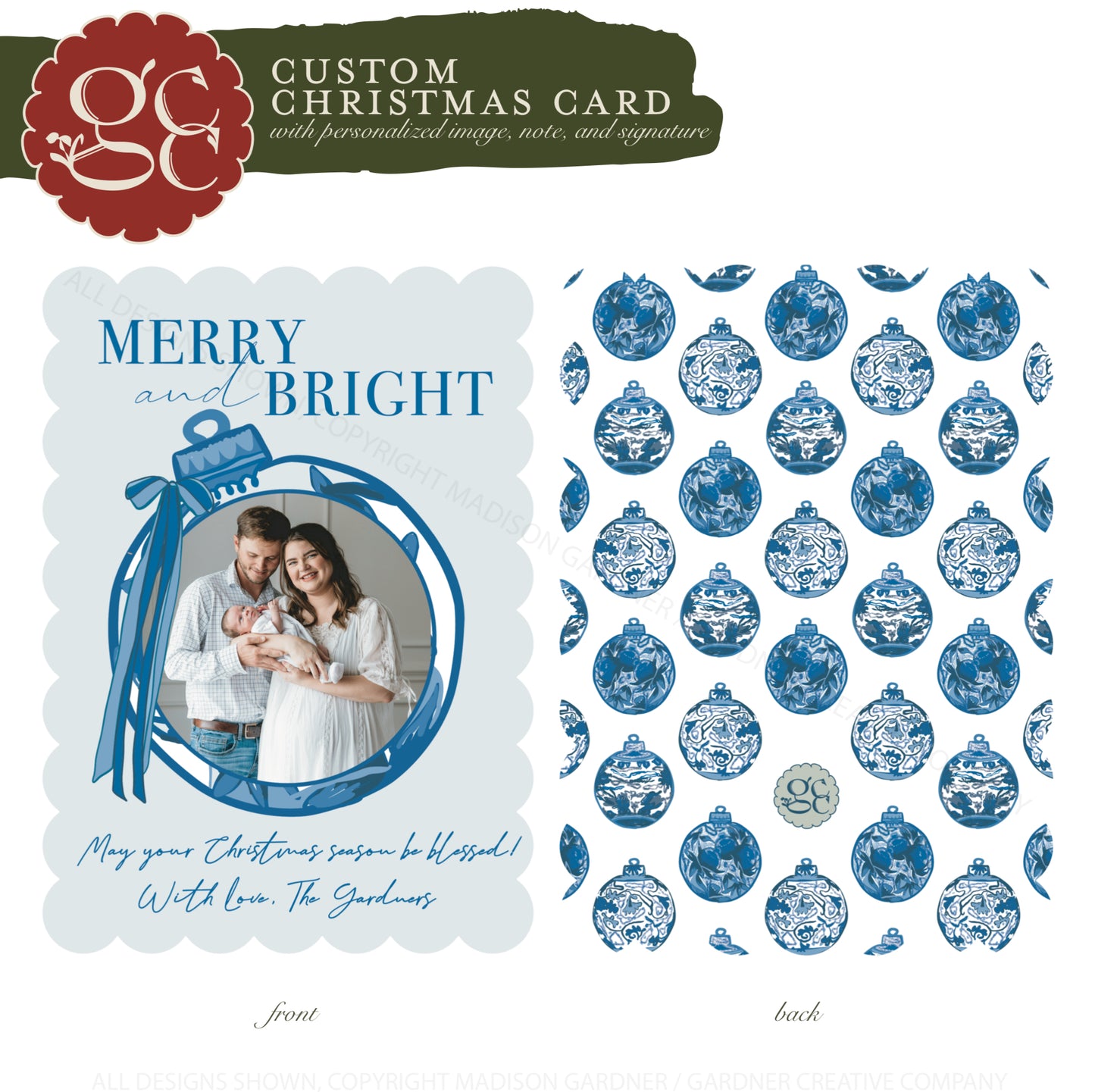 Custom Christmas Card with Photo - ‘Blue Toile Ornament’